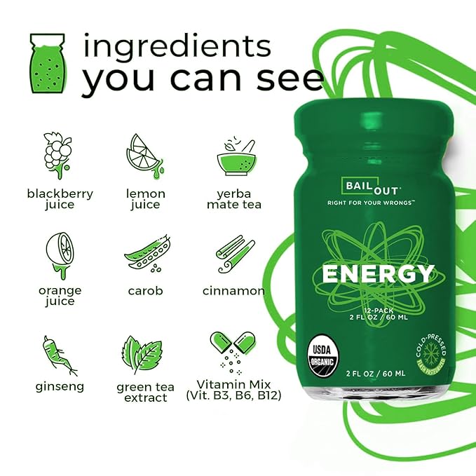 Bailout Wellness - Energy Shot, Energy Drink for Brain Focus and Long-Lasting Energy, All-Natural Ingredients and Gluten-Free, 2 Fluid Ounces, Pack of 12