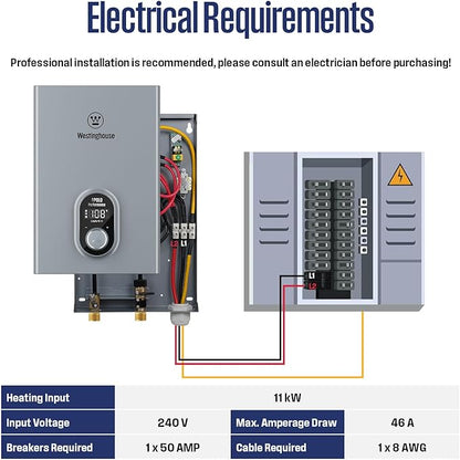 Westinghouse 11kW 240V Tankless Water Heater Electric, Up to 2.6 GPM Instant Hot Water Heater, 1-3 Point of Use Hot Water, Wi-Fi Enabled, APOLO-11k