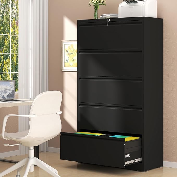 File Cabinet with Lock, 5 Drawer Lateral Filing Cabinet for Home Office, Black Metal Heavy Duty File Cabinets for Hanging Letter/Legal/F4/A4 Size Files, Assembly Required