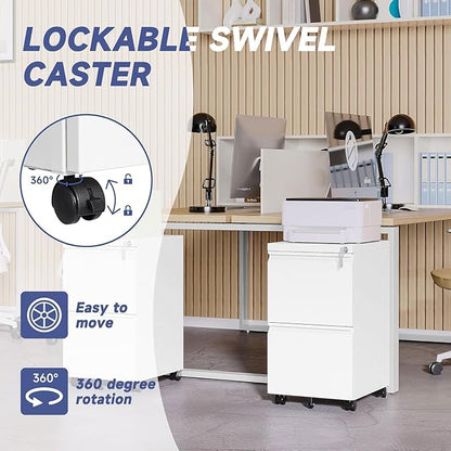 2 Drawer File Cabinet with Lock，Locking Filing Cabinet Under Desk,Rolling File Cabinets for Home Office/Legal/Letter Size,Fully Assembled,White