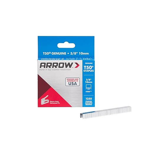 Arrow 506 T50 Heavy Duty Staples, 3/8-Inch Leg Length, 3/8-Inch Crown Width Staples for Upholstery, Construction, Furniture, Crafts, 1250-Pack