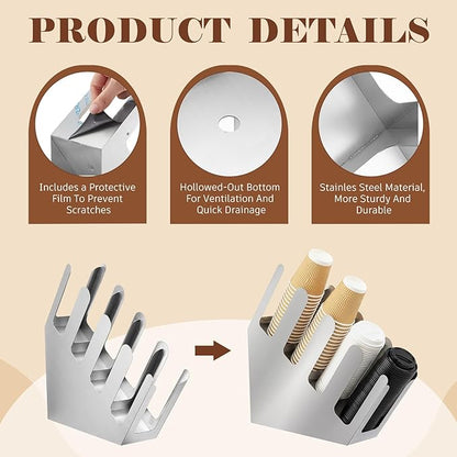 Frienda 4 Compartments Stainless Steel Cup and Lid Dispenser, Silver Coffee Cup Holder Organizer Storage for Countertop Org, Coffee Bar, Beverage Restaurant, Kitchen, Breakroom