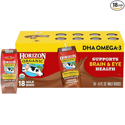 Horizon Organic Shelf Stable 1% Lowfat DHA Omega-3 Chocolate Milk Boxes, 8 fl oz, 18 Count - 8g Protein per Serving, USDA Organic UHT from Pasture-Raised Cows, Ready to Drink for Lunchbox, Travel, or On-the-Go, No Refrigeration Needed