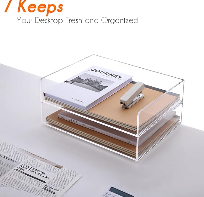 Paper Organizer, 2 Tier Stackable A4 Size Acrylic Letter Tray, Office/Home/School Organization - Clear