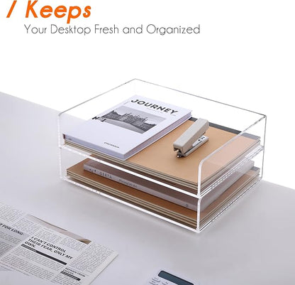 Paper Organizer, 2 Tier Stackable A4 Size Acrylic Letter Tray, Office/Home/School Organization - Clear