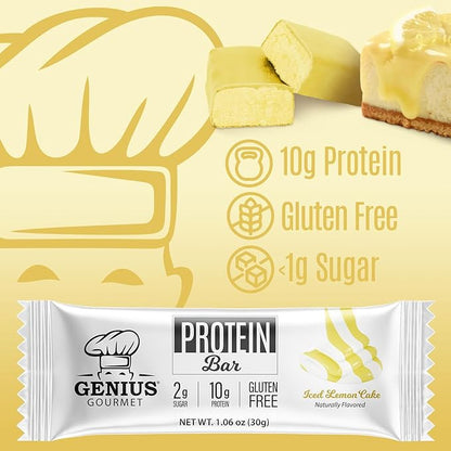 Genius Gourmet Protein Bar, Iced Lemon Cake, Keto Snack, Low Carb, Low Sugar & Gluten Free, Protein Snacks for Adults, 10G of Whey Protein per Protein Bar, 5 Net Carbs, 20 Count