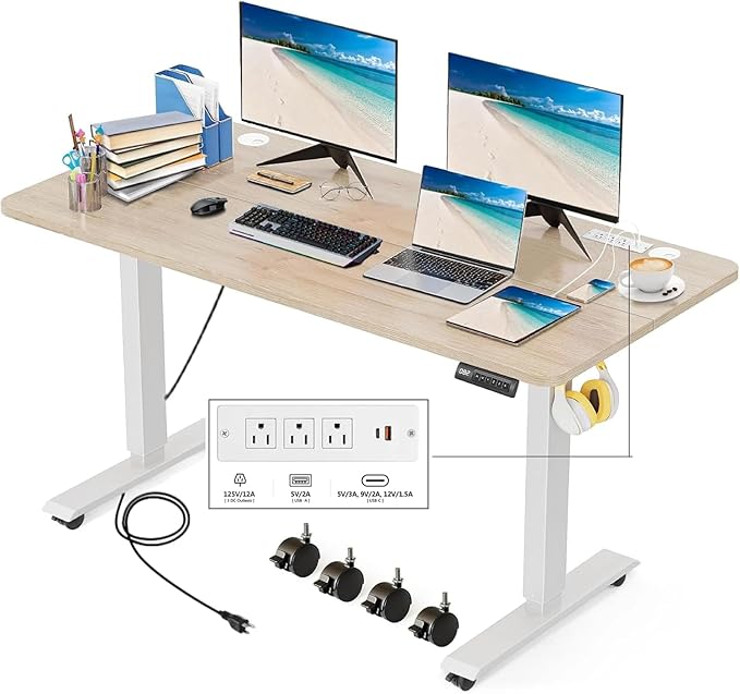 Electric Standing Desk 48 x 24 Inches Adjustable Height Sit Stand Up Desk for Home Office Computer Workstation with 2 USB Ports 3 AC Power Outlets Memory Preset and Wheels, Oak