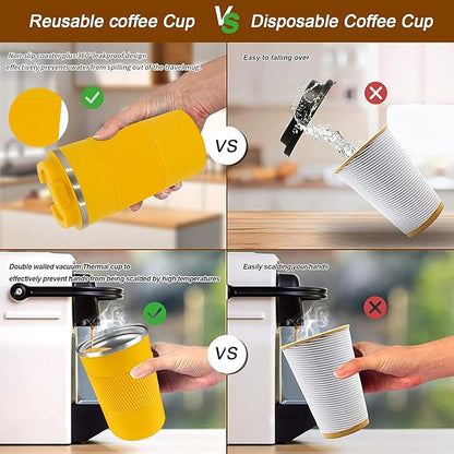 YINBAOGE Insulated Travel Coffee Mug, Spill & Leak Proof, Portable To Go Camping Stainless Steel Coffee Tumbler, Reusable Thermal Coffee Cup with Lid for Hot & Cold Drinks (Yellow, 12 OZ)