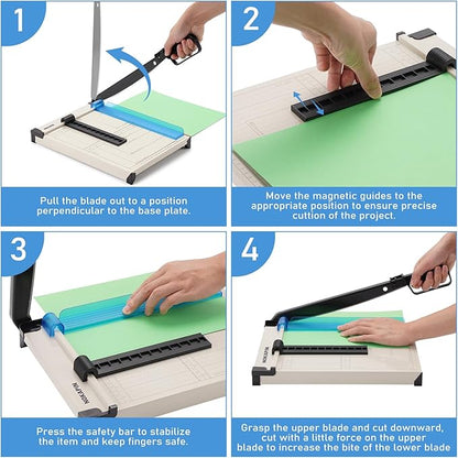 Paper Cutter, Paper Slicer with Safety Guard and Blade Lock, 12" Cut Length Guillotine Paper Cutter with 16 Sheet Capacity, Paper Cutters and Trimmers for Cardstock Cardboard (White)