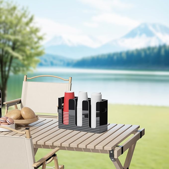 WINFFOR Disposable Cup Organizer Dispenser - 3 Compartments Black Acrylic Cup and Lid Holder with Handles Plastic Cup Dispenser Countertop Paper Cup Holder for Coffee Bar House Party Essentials