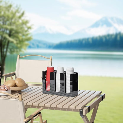 WINFFOR Disposable Cup Organizer Dispenser - 3 Compartments Black Acrylic Cup and Lid Holder with Handles Plastic Cup Dispenser Countertop Paper Cup Holder for Coffee Bar House Party Essentials