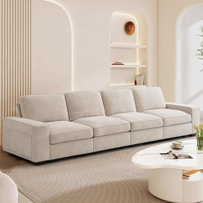 TEKAMON 128" Modular Sofa Couch with Large Seats Storage, Chenille Sofa， Modern Comfy 4-Seater Couch for Living Room, Office, Apart W/Deep Seat, Wide Armrest, Side Pockets, USB Port, Removable Cover