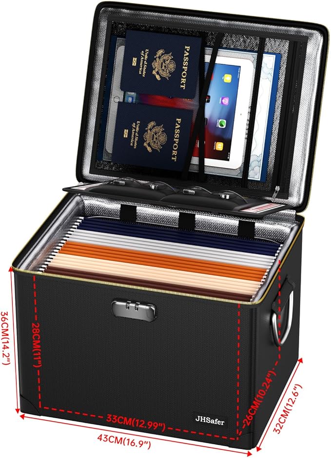 Fireproof Document Box with Fireproof Zipper,Hard Case Fireproof File Box with Lock,Insulated Non-Foldable Fireproof File Cabinet Large Portable Home Office File Organizer for Hanging Letter Folders