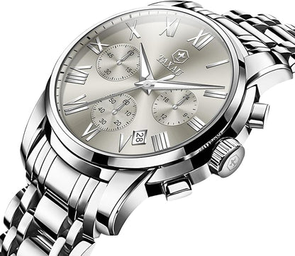 Mens Silver Watch Luxury Minimalist Dress Watch Classic Waterproof Watches for Men Analog Quartz Stainless Steel Men's Wrist Watches with Date Luminous Relojes para Hombres