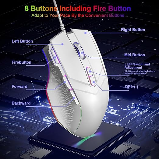 LEWENTECH Gaming Mouse 6 Adjustable DPI Up to 7200 Wired PC Gaming Mouse 8 Programmable Buttons 13 Adjustable RGB LED Modes 1.5 M Drag-Free Paracord Ergonomic Mouse Windows/PC/Mac/Laptop (White)