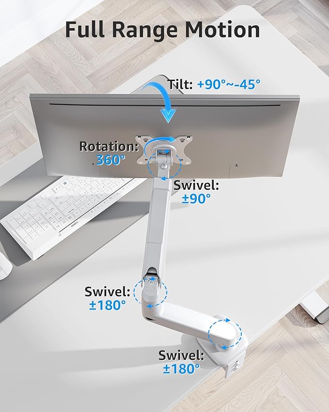 MOUNTUP Single Monitor Desk Mount Holds Screen up to 32 inch, Adjustable Gas Spring Monitor Arm, Computer Monitors Stand with Clamp/Grommet Mounting Base, VESA Mounts Fit 4.4-17.6lbs Computer, White
