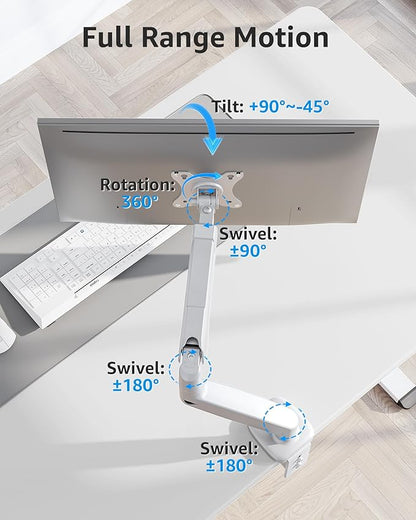 MOUNTUP Single Monitor Desk Mount Holds Screen up to 32 inch, Adjustable Gas Spring Monitor Arm, Computer Monitors Stand with Clamp/Grommet Mounting Base, VESA Mounts Fit 4.4-17.6lbs Computer, White