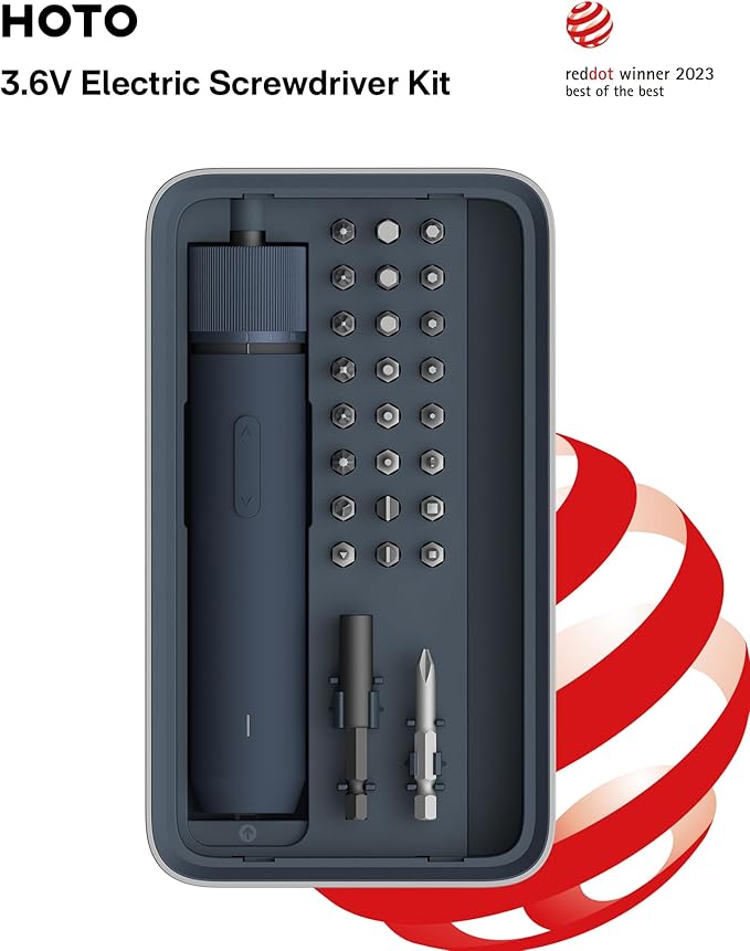 HOTO Electric Screwdriver Kit, Upgraded 1/4'' Hex 25 Bits, Magnetic Lid, Rechargeable Cordless Screwdriver, 3 Torque Settings, 1500mAh Battery, LED Light, Ideal for Assembling Furniture, Home Repair