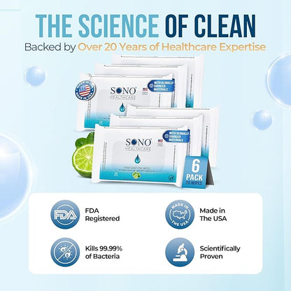 SONO Alcohol-Free Sanitizing Hand Wipes with Bergamot & Aloe Essential Oil - Hospital-Grade Disinfectant - Individually Wrapped Travel Size - 6 Packs of 20 - Gentle Cleaning & Germ Protection Anywhere