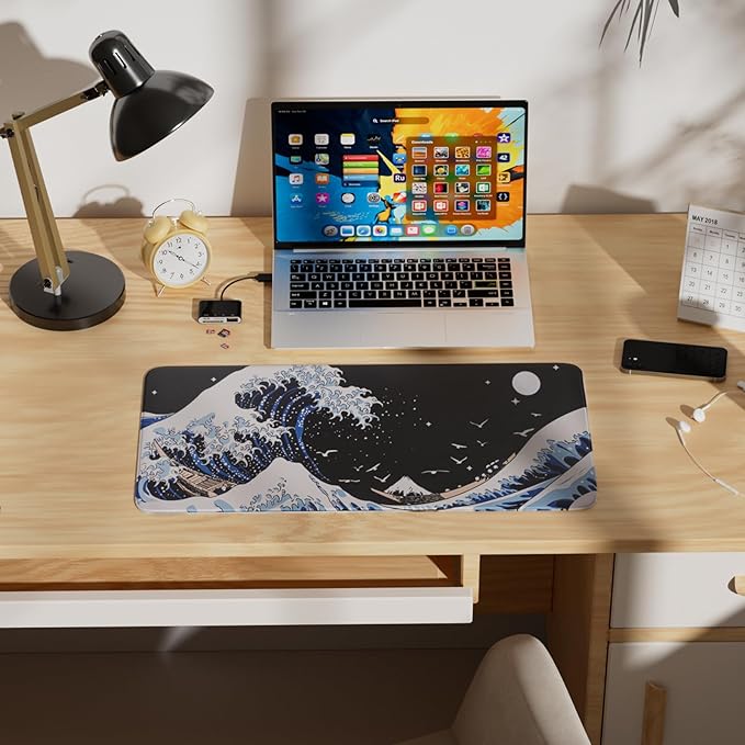 Large Japanese Sea Wave Mouse Pad, Anime Waterproof Desk Mat,Extended Non-Slip Keyboard Mouse Pads Office Desk Pad 23.6" x 11.8" Anime Mouse Pad Desktop Protector for Office and Home