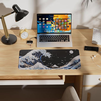 Large Japanese Sea Wave Mouse Pad, Anime Waterproof Desk Mat,Extended Non-Slip Keyboard Mouse Pads Office Desk Pad 23.6" x 11.8" Anime Mouse Pad Desktop Protector for Office and Home