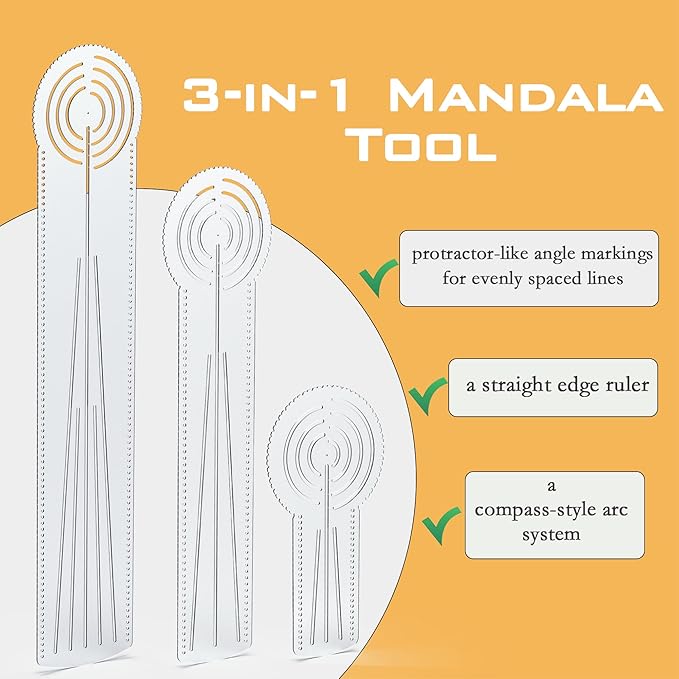 3-in-1 Mandala Ruler Tool with Holes, Mandala Dot Art Circle Maker, Compass Protractor Straight Ruler for Dot Art Geometric Mandala Pattern Design, Small Size (15cm/6")