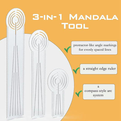 3-in-1 Mandala Ruler Tool with Holes, Mandala Dot Art Circle Maker, Compass Protractor Straight Ruler for Dot Art Geometric Mandala Pattern Design, Small Size (15cm/6")