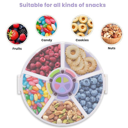 Snack Rotator Container Reusable Snack Box with 5 Compartment Dispenser and Lid, Color Matching Opening Lid, BPA and PVC Free, for Home, School, Travel (1 Pack- Purple)