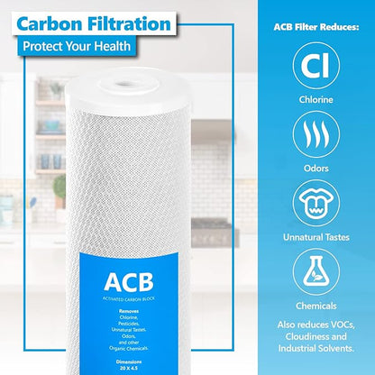 Express Water - 10 Pack Activated Carbon Block Replacement Filter - ACB Large Capacity for Whole House Filtration - 5 Micron - 4.5" x 20" Inch
