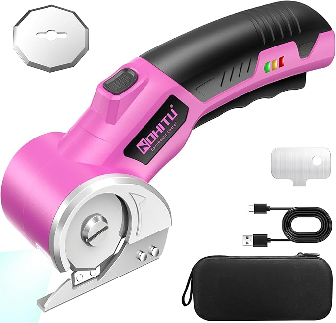 Cordless Electric Scissors: 4V Rechargeable Rotary Cardboard Cutter, 3000mAh Battery, with LED Light, 2 Blades, Box Cutter for Fabric Carpet Carton Plastic Leather Cloth (Pink)