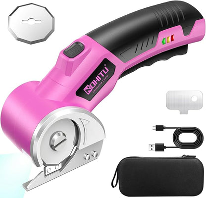 Cordless Electric Scissors: 4V Rechargeable Rotary Cardboard Cutter, 3000mAh Battery, with LED Light, 2 Blades, Box Cutter for Fabric Carpet Carton Plastic Leather Cloth (Pink)