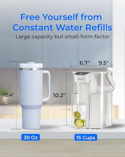 Waterdrop Alkaline Electric Water Filter Pitcher, Rechargeable Water Dispenser, Instant 200-Gallon 15-Cup Countertop Purifier, NSF/ANSI 42, Reduce PFOA/PFOS, Chlorine, Lead, White, with 1 Filter