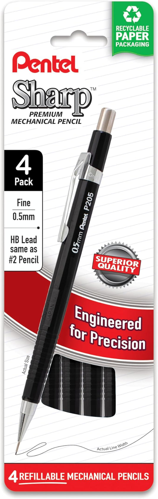 Pentel Sharp Mechanical Pencil, (0.5mm), Fine Line, Black Barrel, Pack of 4 (P205PF4A)