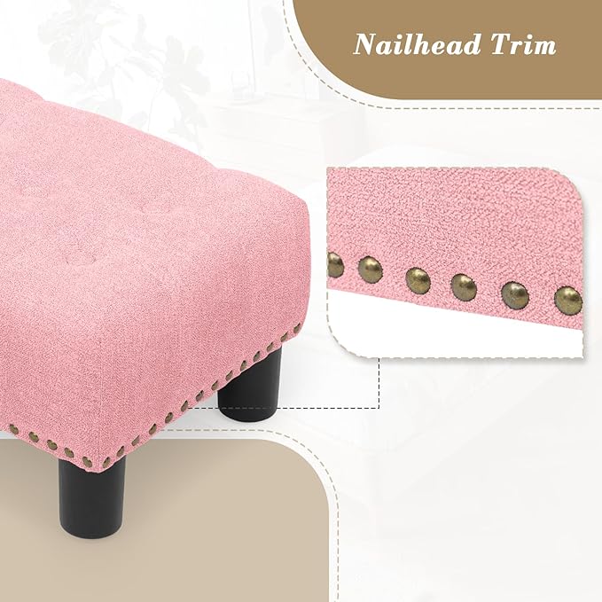 Athena Collection Small Ottoman Foot Rest with Legs, Linen Fabric Ottoman Foot Stool with Soft Padded seat, Square Footstool FootRest for Living Room, Bedroom, Office, Pink