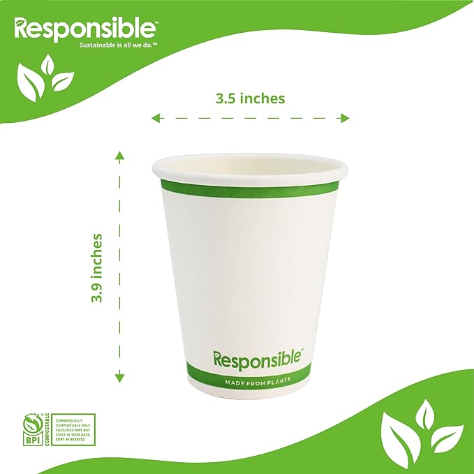 Responsible Products Certified Compostable 10 oz Paper Cups, Cold ＆ Hot Coffee Cups, Disposable Paper Cups, Extra Strength Disposable Cups, Made without PFAS (50 count)