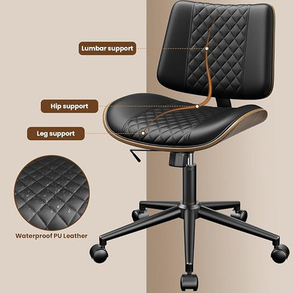 Armless Office Chair, Mid Century Modern Desk Chair with Walnut Wood Back & SGS Level 3 Gas Lift, Swivel PU Leather Computer Chair for Small Space, Home Office, 300lbs Cap, Black Set of 2