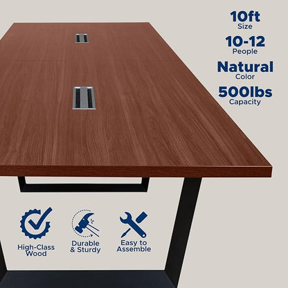 Sturdy Conference Table with Cable Management Grommets Modern Rectangle Office Meeting Table with Wood Tabletop and Metal Frame & Legs- Easy Assembly Boardroom Table (Mahogany, 10 Foot)