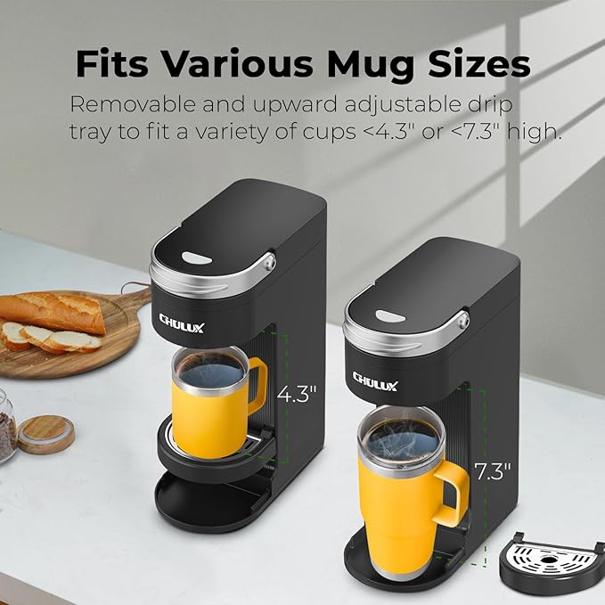 CHULUX Slim Single Serve Coffee Maker for K Pods, One Cup Coffee Maker Fits 7.3" Travel Mugs, Coffee Machine with 6 to 12oz Brew Sizes