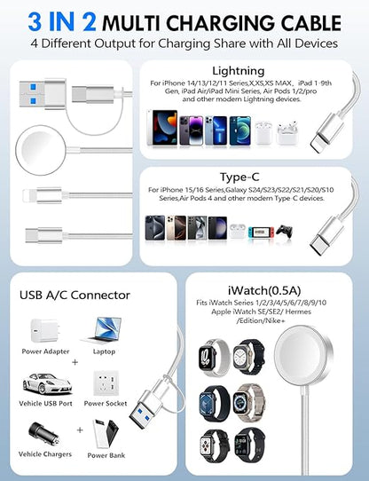 2Pack Multi Charging Cable Cord for Travel Essentials,Apple Watch Charger,iPhone Charger,[3-in-2] Type C/Lightning Cable Portable Designed for iWatch,iPhone 17-8,Galaxy S25-21,AirPods,iPad-1.5M White