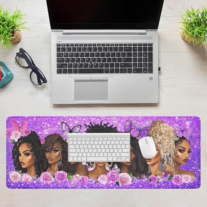 Black Women Gaming Mouse Pad Strong Purple Butterfly Floral Extended Gaming Mouse Pad Mat with Stitched Edge Non-Slip Base Big Mousepad 31.5"x11.8"