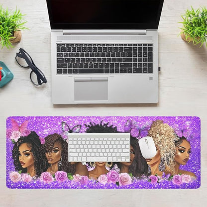 Black Women Gaming Mouse Pad Strong Purple Butterfly Floral Extended Gaming Mouse Pad Mat with Stitched Edge Non-Slip Base Big Mousepad 31.5"x11.8"