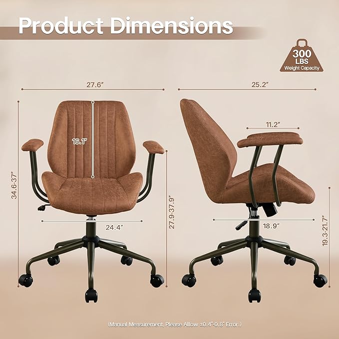 HOOOWOOO Faux Suede Leather Home Office Desk Chair,MCM Modern Ergonomic Task Work Chair,Computer Gaming Chair with Cushion Seat Mid Back for Long Hours(Brown)