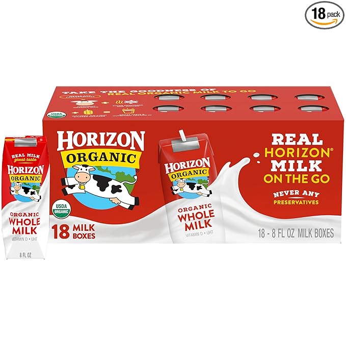 Horizon Organic Shelf Stable Whole Milk Boxes, 8 fl oz, 18 Count - 8g Protein per Serving, USDA Organic UHT from Pasture-Raised Cows, Ready to Drink for Lunchbox, Travel, or On-the-Go, No Refrigeration Needed