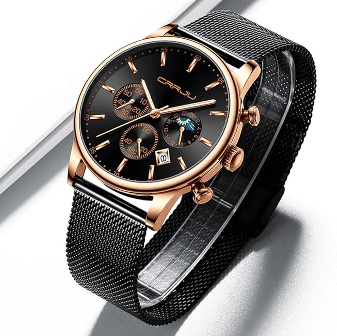 CRRJU Men's Fashion Casual Watches Auto Date Chronograph Watch Men Nice Work Watches Waterproof 30M Full Steel Quartz with Mesh Strap