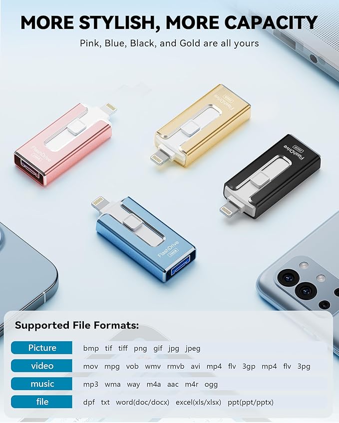 MFi Certified Flash Drive for iPhone iPad 512GB, Photo Stick for External Memory Storage, Easily Back Up and Save Photos Videos, USB Memory Stick Thumb Drive for iPhone/iPad/Android/PC (Sky Blue)