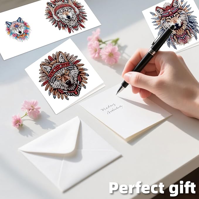 jinglinhh 12pcs Diamond Art Painting Indian Wolf Horse Greeting Cards with Envelopes, DIY Card Making Kits for Adults, Diamond Art Postcards Christmas Cards Craft Gifts