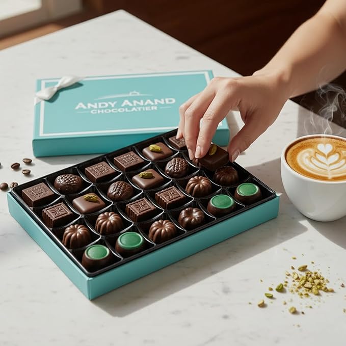 Andy Anand Luxury Vegan Dark Chocolate Gluten Free Truffles Praline Collection (24 Pieces), Dairy Free, Soy Free, Sesame Free, Allergy Friendly, Delicious Decadent Belgian Truffles