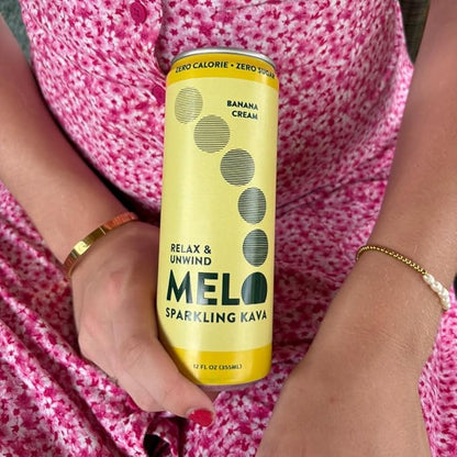 Melo Sparkling Kava Drink, Passionfruit, Orange and Guava, Banana Cream Flavor, Sugar Free Non Alcoholic Drinks, Zero Calories, Gluten Free, Vegan, 750mg Kava Root, 12 Pack, 12 oz Can