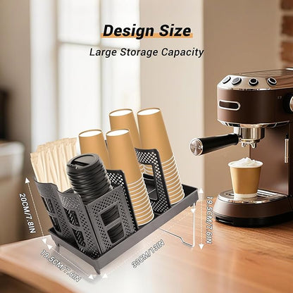 6 Slots Coffee Cup Holder for Countertop - Disposable Cup Holder with Foldable Stand, Paper Cup Dispenser with Mesh Baske for Coffee Station, Bar, Office, Home, Restaurant, Black