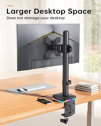 RGB Single Monitor Desk Mount, Monitor Arm with 3 USB Ports, Charging and USB Data Transfer Function, Desk Mount for 13"-27" Monitors up to 17.6lbs, Adjustable Height, Tilt, Swivel, Rotate